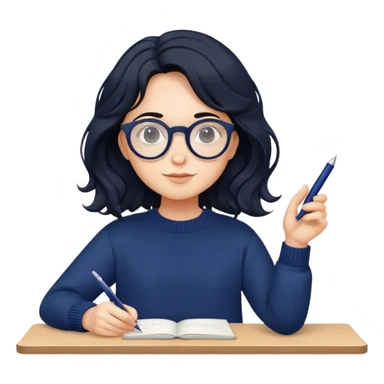 Designer with wavy black hair, round glasses, navy blue sweater, holding a design pen sticker