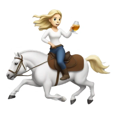 White woman running on horse holding liquor sticker