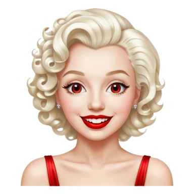 Cinematic Realistic Marilyn Monroe Emoji, featuring a glamorous, high-detail portrayal of the legendary Hollywood star. Her iconic platinum curls, radiant smile, and signature red lips are illuminated by dramatic, vintage-style lighting, evoking the timeless allure of classic cinema. sticker