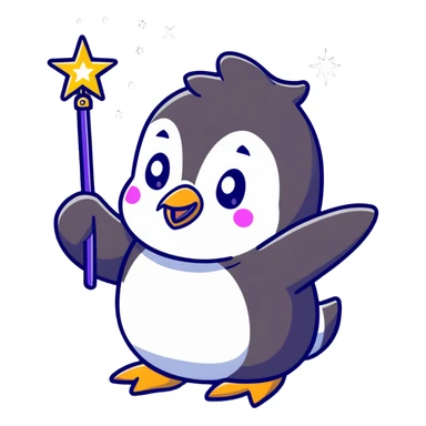 cute penguin casting a magic spell with a starry wand sticker