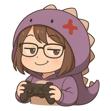 Chibi anime style gamer girl with glasses, brown hair, dark purple eyes, wearing a purple dinosaur costume, making a smug emote, no background, same style as reference. sticker