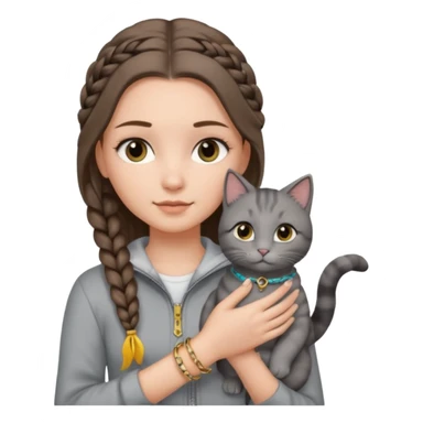 a white girl with long brunette hair in one braid that is over her shoulder. shes holding a grey cat. the girl has long lashes and has on a grey zip up that is half way zipped  and under a white shirt and gold bracelets. sticker