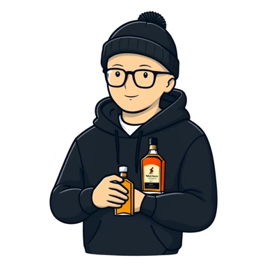 bald white guy with glasses, wearing a black beanie, black hoodie, holding a bottle of johnnie walker whiskey sticker