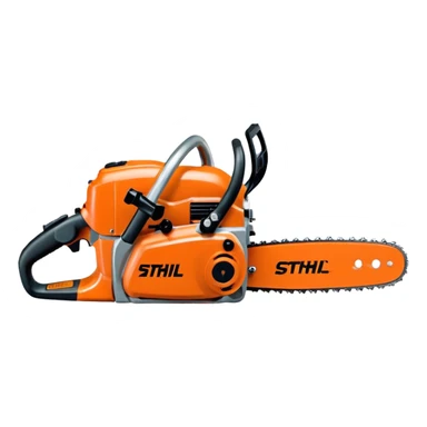 Kettensäge vom STIHL mit grauem Gehäuse, orangenem Deckel und schwarzen Griffen, die Schiene ist Grau, nicht Orange, mit Kette in Grau, seitlich ist das STIHL Logo in weißer Schrift in einem orangenem Kreis platziert sticker