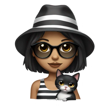 Girl with black hair, white complexion, wearing a black summer hat and round clear glass sunglasses, carrying a striped gray cat. sticker