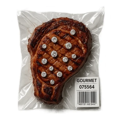 grilled steak with scattered diamonds, glossy, vacuum-sealed style sticker