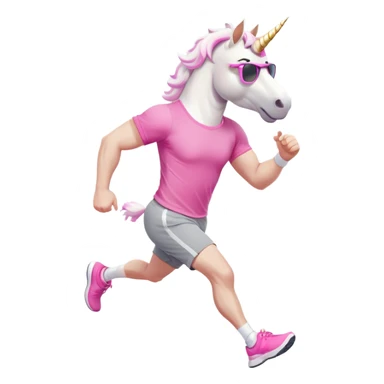friendly anthropomorphised male white unicorn with a stocky, strong build, white arms and legs, wearing grey shorts and pink t-shirt, dark sunglasses, jogging upright in a standard pose sticker