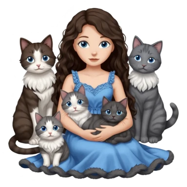 detailed realistic looking a dark grey and white cat regally sitting with six other cats, cuddling with their owner who is a pretty bratz lightly tanned white girl with long dark brown hair, blue eyes and gorgeous long wavy hair wearing a pretty detailed dress sticker