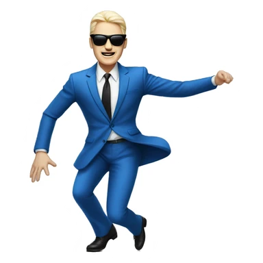 A white-skinned man in a blue suit, square sunglasses dances to the music in full height sticker