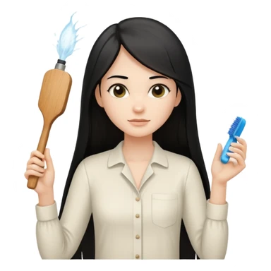 A white woman with long, straight black hair, wearing an ivory-colored shirt, holding a small square wooden paddle hairbrush in her left hand and spraying a hair mist bottle with her right hand toward her hair. sticker