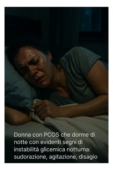 realistic and cinematic image of a woman with PCOS sleeping at night with evident signs of nocturnal glycemic instability: sweating, agitation, discomfort, nighttime atmosphere, detailed realism, Italian captions, vertical 2:3 format sticker