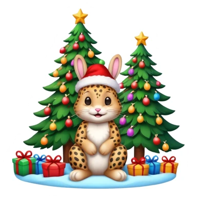 Smiling Bunny with Santa hat sitting by a Leopard and brightly lit colorful Christmas trees and candy canes 🎁  sticker