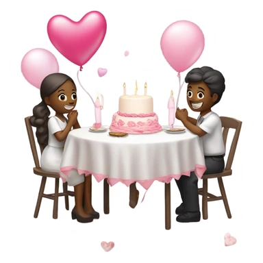 pink romantic party setting for two people and heart balloon  table with white cloth and candle with bows on the table and white Korean cake sticker