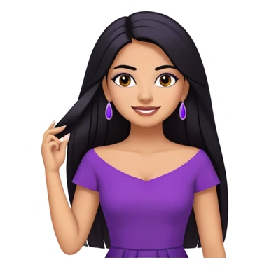 beautiful woman boss, with long straight black hair, with make up, black eye liner, smile, mexican, brown skin, wearing purple dress, she stand up, she replace hair behind her ear sticker