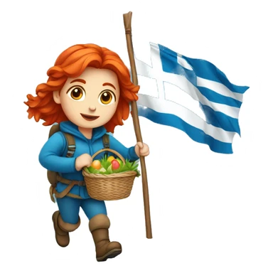 red hair female winter mountaineer climbing with Easter basket and Greek flag sticker