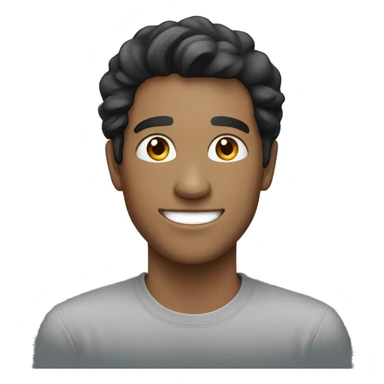 white person smiling with a gray shirt, black hair, 26 years old sticker