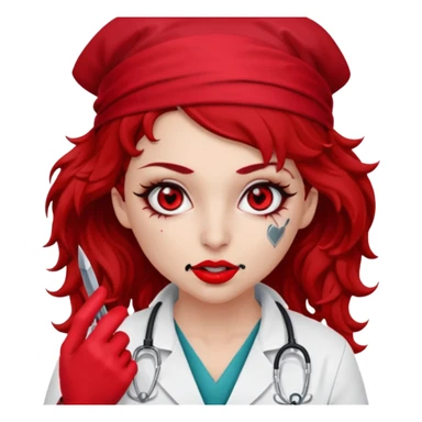 Lilith scalpel in hand, evil surgeon sexy surgeon clothes.  She has red eyes. Dark brown curly hair. Wears sexy doctor outfit with red gloves.covers her mouth necknose with red bandana to hide  her identity. Hair is long and brown hair is free but must cover her face sticker