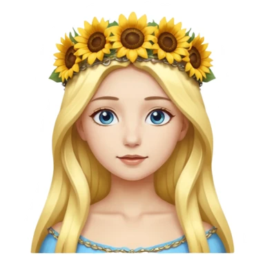 portrait woman long blonde hair blue eyes white skin wearing sunflower halo crown sticker