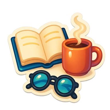 book, coffee cup, and glasses arranged together as a cozy reading scene, retro stickers style, clear outlines, strong shadows and highlights, fun and not too complex sticker
