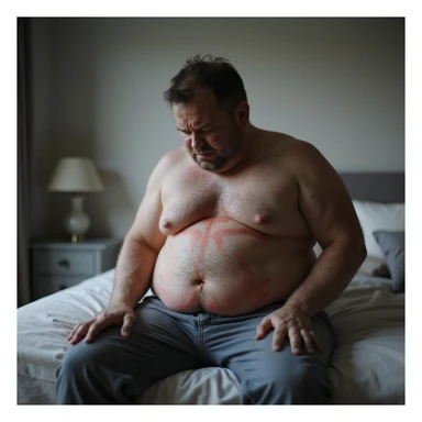 man sitting on bed edge or in bathroom, expression of pain and discomfort, evident abdominal bloating, hyperrealistic 4K details, realistic environment, atmosphere of intestinal malaise sticker