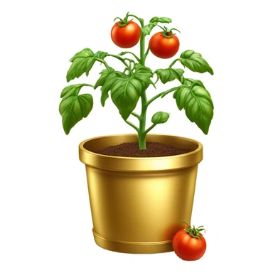 Tomato plant with tomatoes on in a gold pot sticker