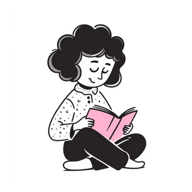 girly character with brown soft curly hair reading a pink book sticker