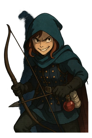 A female rouge , colored hood, wearing brigandine armor with, bow and arrow at the ready, night time shadows, tool belt with red potion and bandages, mischievous grin, anger sticker