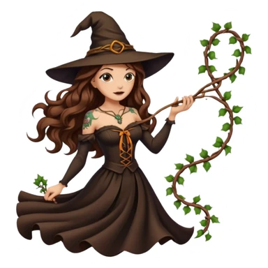 witch woman long wavy brown hair tattoos pulling vine ribbon slowly sticker