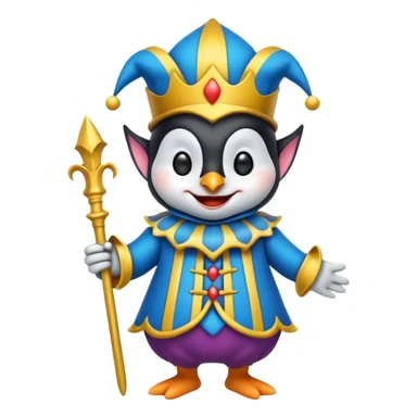 crazy colorful cute little penguin jolly joker, medieval, vintage, court jester, mac os icon, blue color sticker