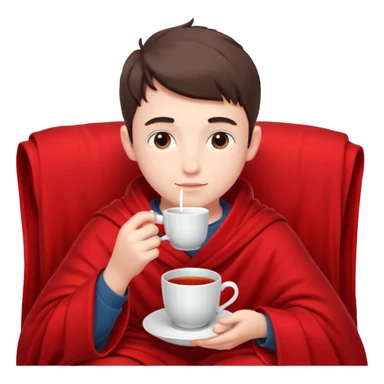 a European boy is sitting in a red blanket, drinking tea sticker