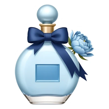 pearl blue vintage style perfume bottle and navy colored peonies and a powder blue bow sticker