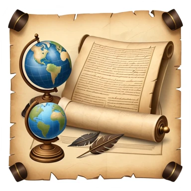 An icon featuring an ancient scroll, a quill pen, and a globe, symbolizing the study of history. The design includes a timeline with significant historical events, with ruins in the background to evoke past civilizations. Transparent background emphasizes the exploration of human history sticker