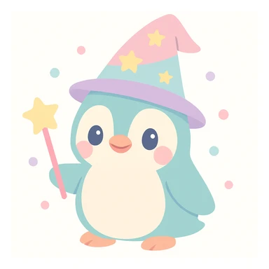 cute penguin wizard wearing a magical hat, holding a wand, cheerful expression, soft colors sticker