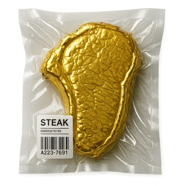 steak covered in edible gold, shiny and inflated, vacuum-sealed style sticker
