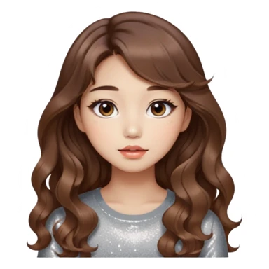 “korean brown hair Emoji girl, soft eyeliner, gradient lips, light brown shimmer eyeshadow, sparkly aegyo-sal, long wavy hair,  sticker