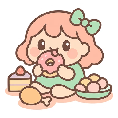 anime style icon representing gluttony, with a character eating or surrounded by food sticker