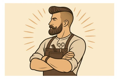 shu pozada turgan faqat chap tarafga qarab turgan sartarosh ustani tasvirlab ber sticker