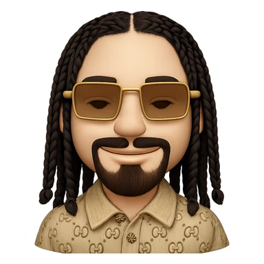 emoji of a smiley with a slim face, light skin, beard only on chin, mustache above upper lip, no hair under lower lip, highly detailed black braided hair, rectangular gold sunglasses, beige top with GG pattern and collar, transparent background, faithfully follow reference photos sticker