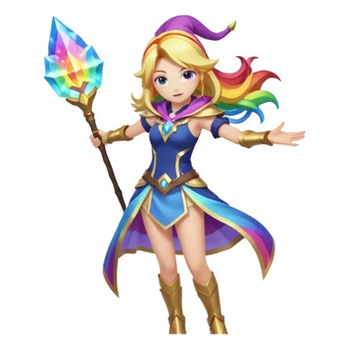 Lux from League of Legends, rainbow spell shooting from staff, dynamic pose sticker
