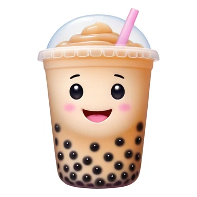 Cinematic pastel-colored bubble tea, chubby cup with a smiling face, tiny black tapioca pearls peeking out, soft glowing background, playful and adorable. sticker