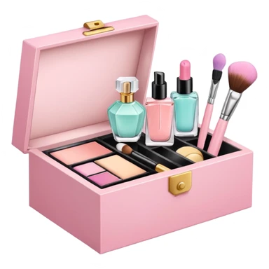 an open box with makeup brushes, compact powder, and perfume bottle spilling out sticker