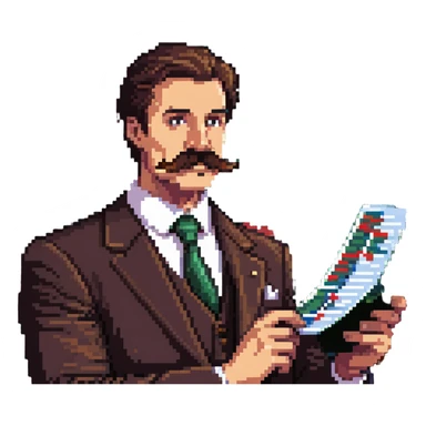 Finance guy with massive handlebar mustache, business attire, stock market chart sticker