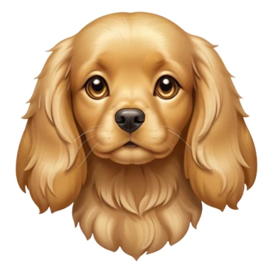 Cinematic Cute Gold Cocker Spaniel Portrait Emoji, Head tilted playfully and inquisitively, showcasing a silky, golden coat with a natural sheen, round, sparkling brown eyes filled with curiosity, Simplified yet irresistibly adorable features, highly detailed, glowing with a warm, friendly glow, high shine, affectionate and lively, stylized with a touch of whimsy, bright and endearing, soft glowing outline, capturing the essence of a mischievous yet loving pup, so playful it feels like it could bound out of the screen and into your arms! sticker