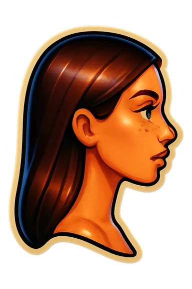 Create a side view (profile) of this woman's head, matching the same cartoon emoji style, with long dark hair and similar facial features. Variant 3. sticker