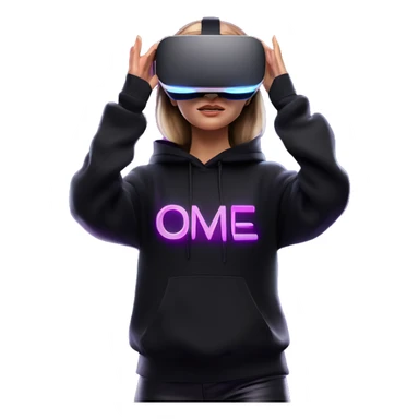 Russian girl wearing black hoody with violet letters "OMG", in vr headset oculus quest2. Standing like jedi. Cyberpunk style. Violet neon. sticker