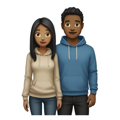A guy with dark hair in a beige hoodie and black jeans holds hands with a girl with a highlighted hairstyle in a beige hoodie and blue jeans sticker