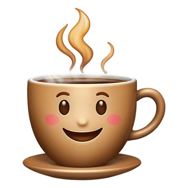 Create an emoji-style image of a warm morning cup of coffee with steam rising and a cheerful smiling face on the cup. The background should feel cozy and bright, like morning sunshine. sticker