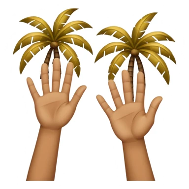 Two upward facing palms one a Little higher than the other. Over the one on the lest there is a 6 and over the one on the right there is a 7   sticker