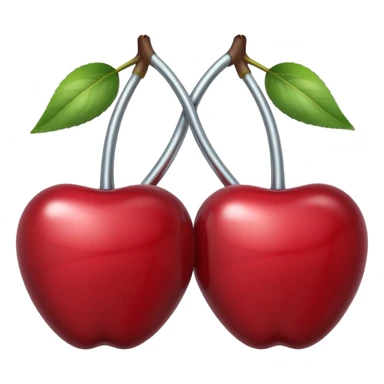 A pair of cherries emoji made of polished silver chrome, smooth rounded shapes, glossy metallic finish, soft highlights and reflections, cute proportions, iOS emoji style, centered, clean white background, no text sticker