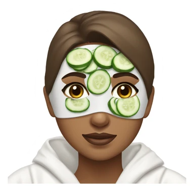 White girl with Brown hair and blue eyes wears a Green clay colored skincare textured mask and puts on cucumbers around her eyes while She relaxes in her white Robe sticker